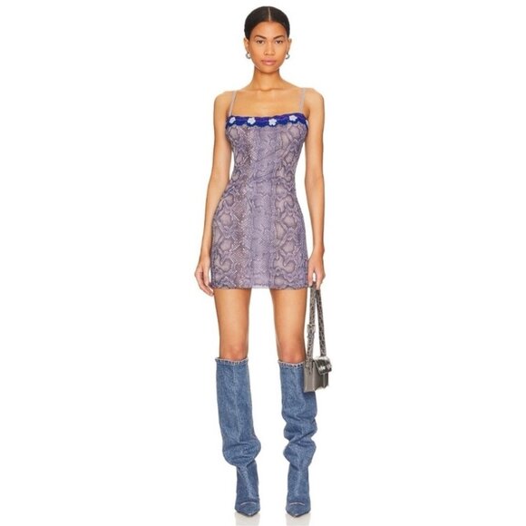 Danielle Guizio Mesh Crochet Knit Floral Bodycon Snakeskin Mini Dress Blue Large - Picture 1 of 11